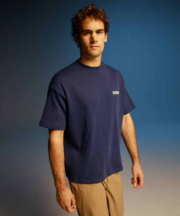 Camiseta Boxy con Estampado Frontal, AzulOscuro image number null